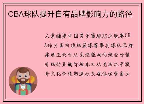 CBA球队提升自有品牌影响力的路径
