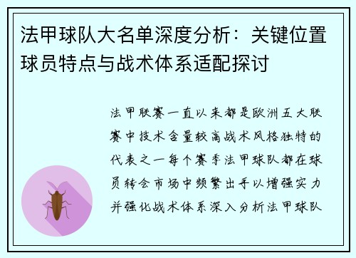 法甲球队大名单深度分析：关键位置球员特点与战术体系适配探讨