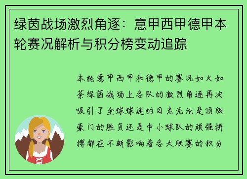 绿茵战场激烈角逐：意甲西甲德甲本轮赛况解析与积分榜变动追踪