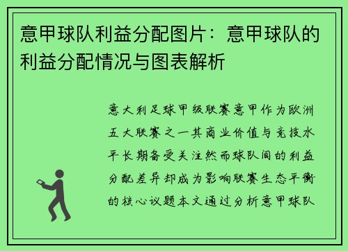 意甲球队利益分配图片：意甲球队的利益分配情况与图表解析