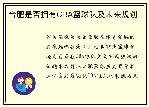 合肥是否拥有CBA篮球队及未来规划