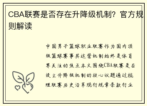 CBA联赛是否存在升降级机制？官方规则解读