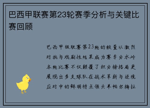 巴西甲联赛第23轮赛季分析与关键比赛回顾